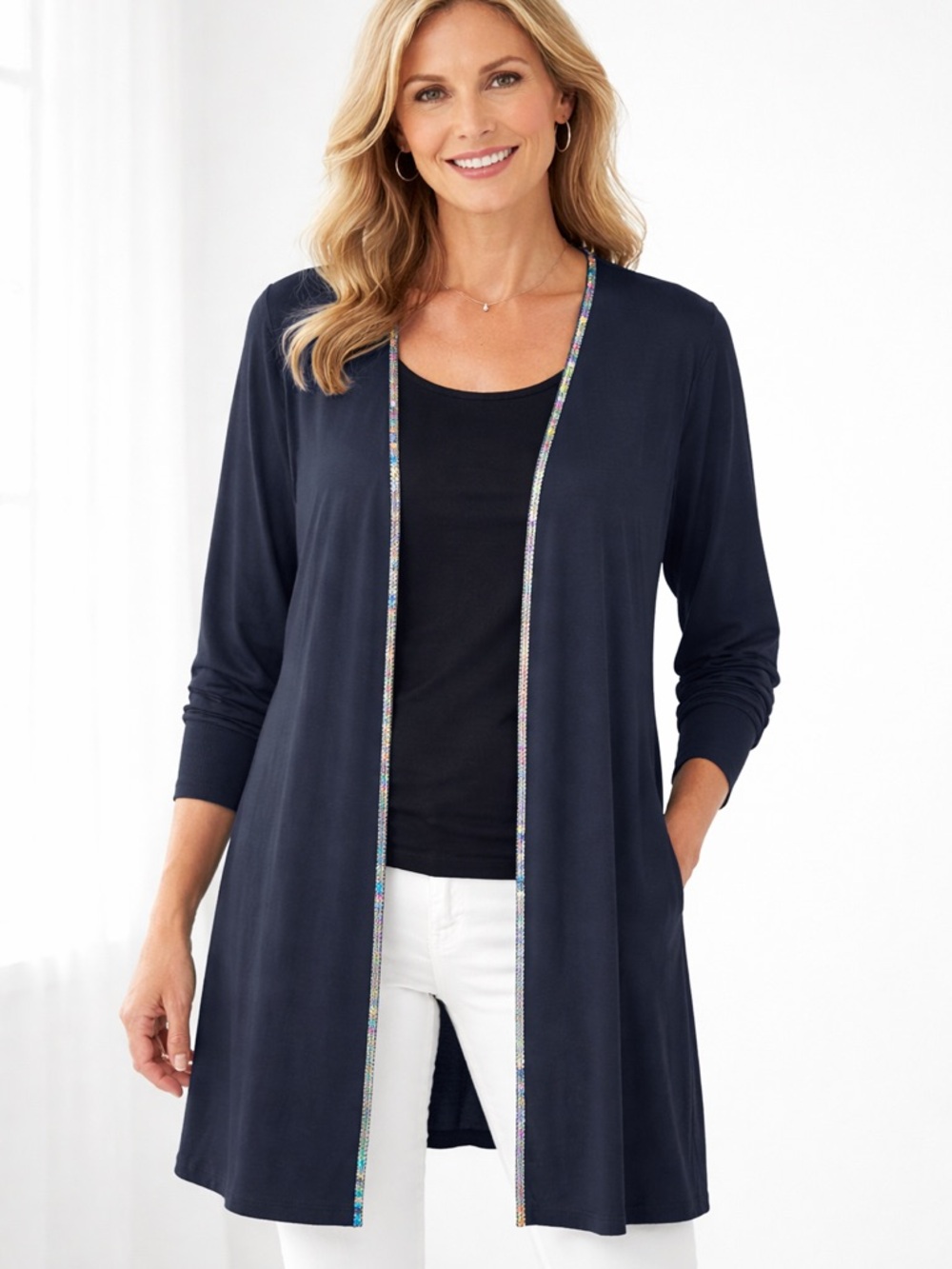 John Roberts Petite Navy Beaded Trim Duster Cardigan 14WP